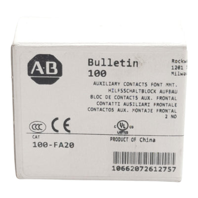 New Allen Bradley 100-FA20 Auxiliary Contact Block, 2-Pole, 2N.O., 10A 600VAC