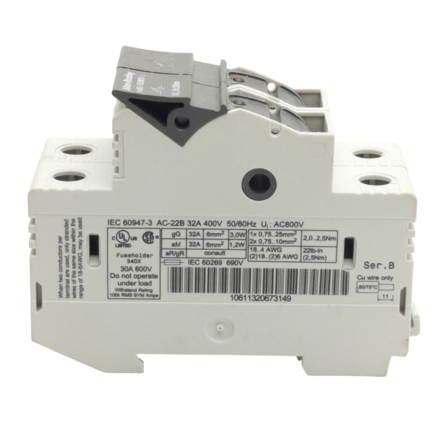 Used Allen Bradley 1492-FB2M30-L Fuse Holder 2-Poles, DIN Rail, 10.3 x 38mm, 30A 600V