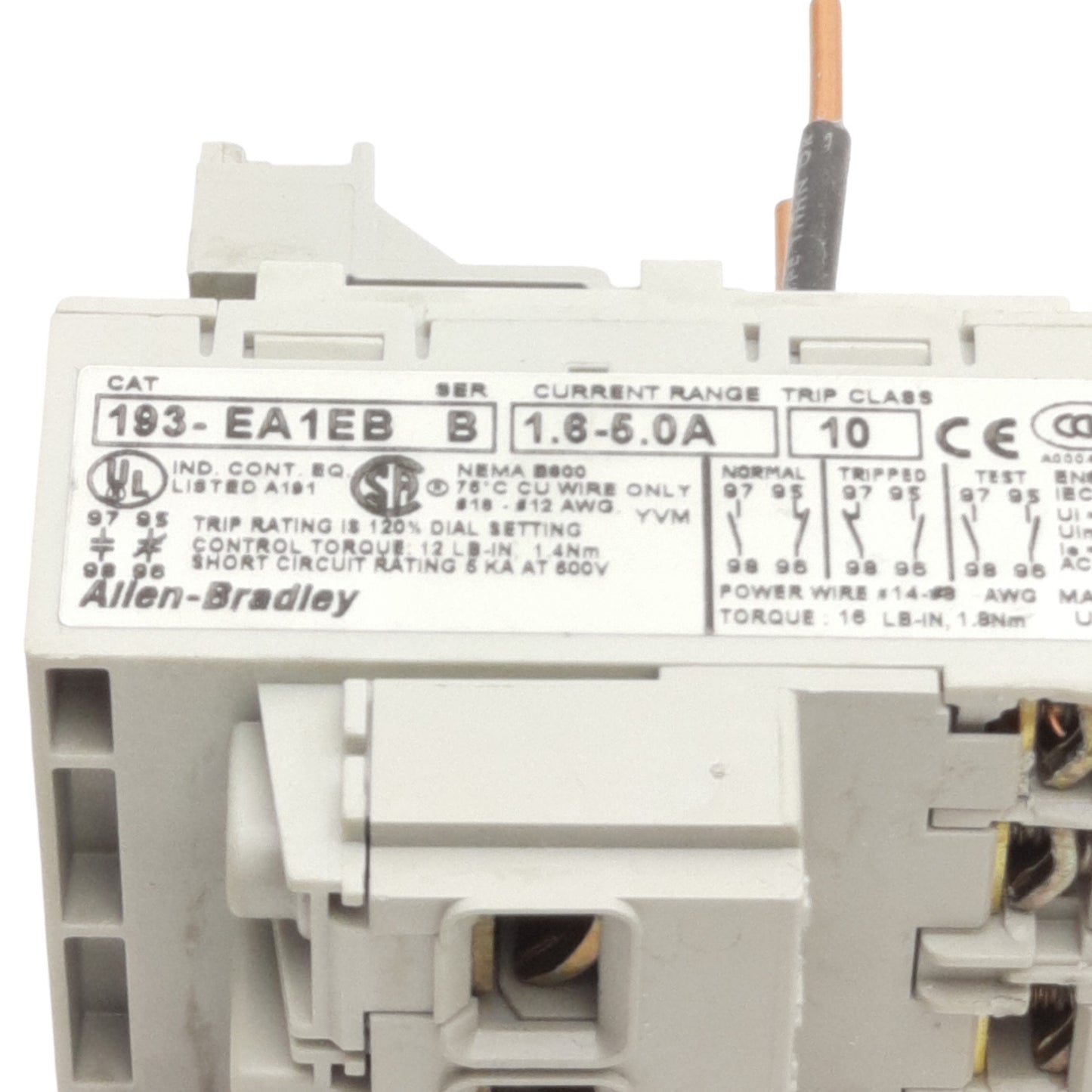 Used Allen Bradley 193-EA1EB Overload Relay, 3-Pole 1.6-5A Trip, NO/NC Contacts