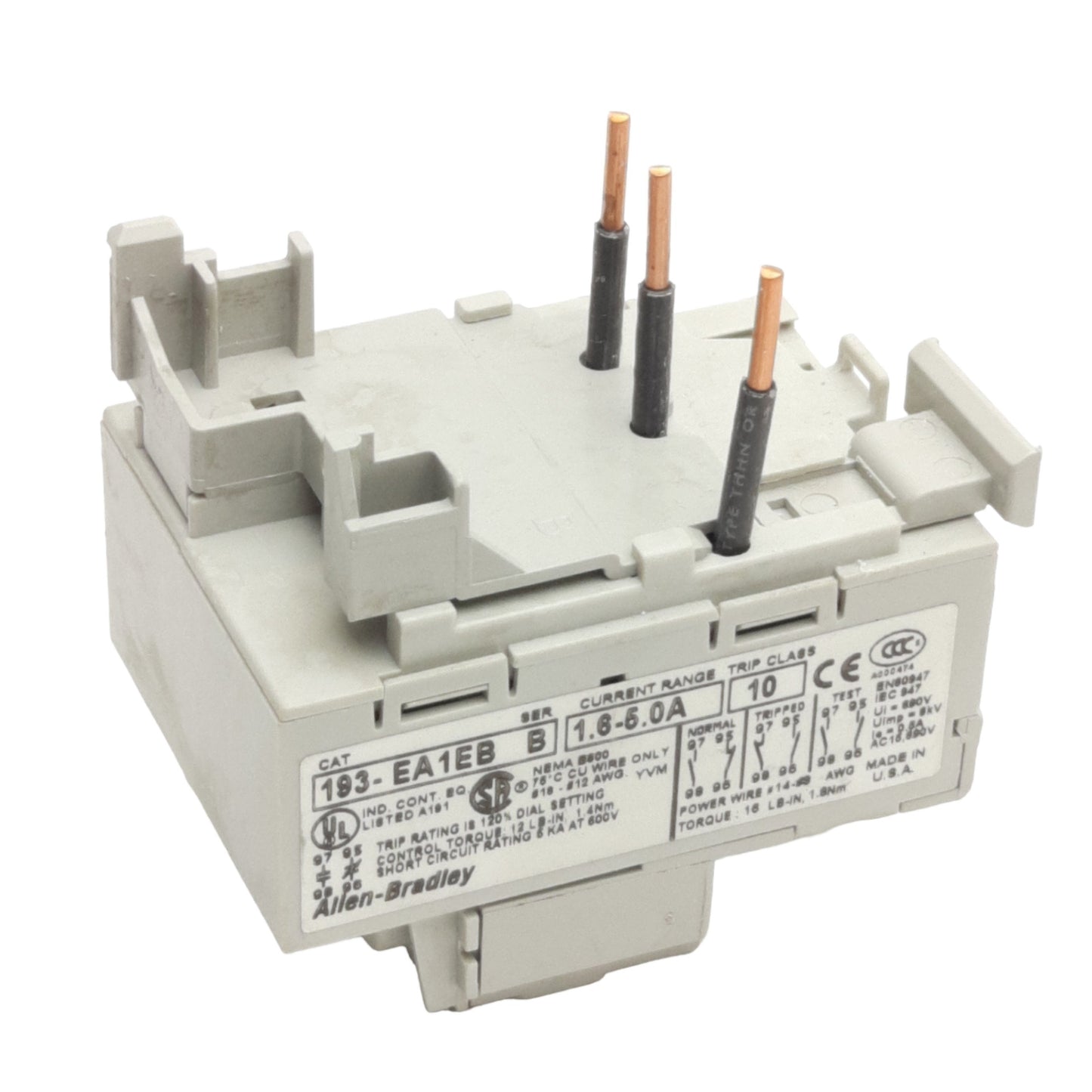 Used Allen Bradley 193-EA1EB Overload Relay, 3-Pole 1.6-5A Trip, NO/NC Contacts