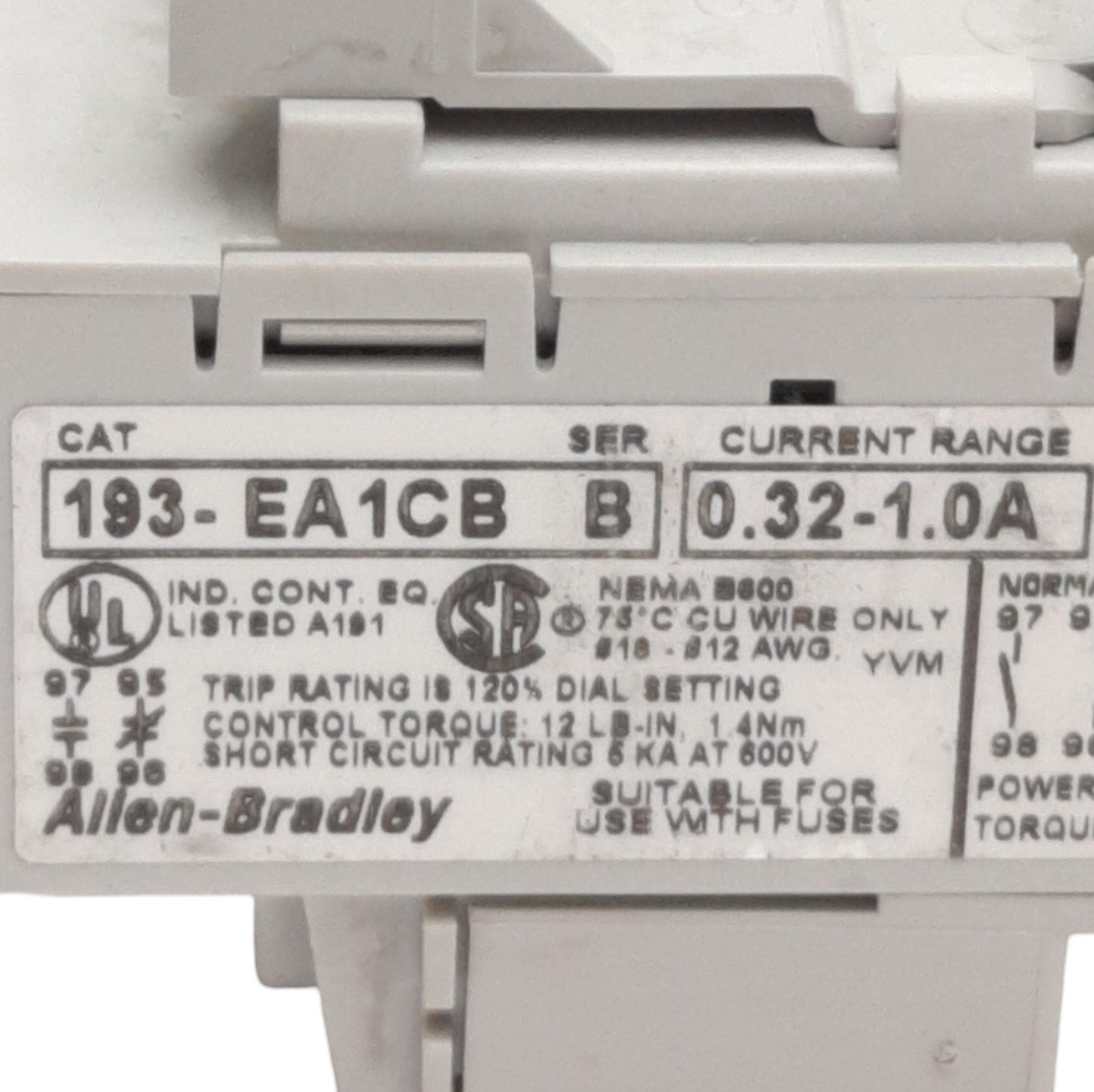 Used Allen Bradley 193-EA1CB Overload Relay, 3-Pole 0.32-1A Trip, NO/NC Contacts