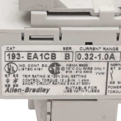 Used Allen Bradley 193-EA1CB Overload Relay, 3-Pole 0.32-1A Trip, NO/NC Contacts