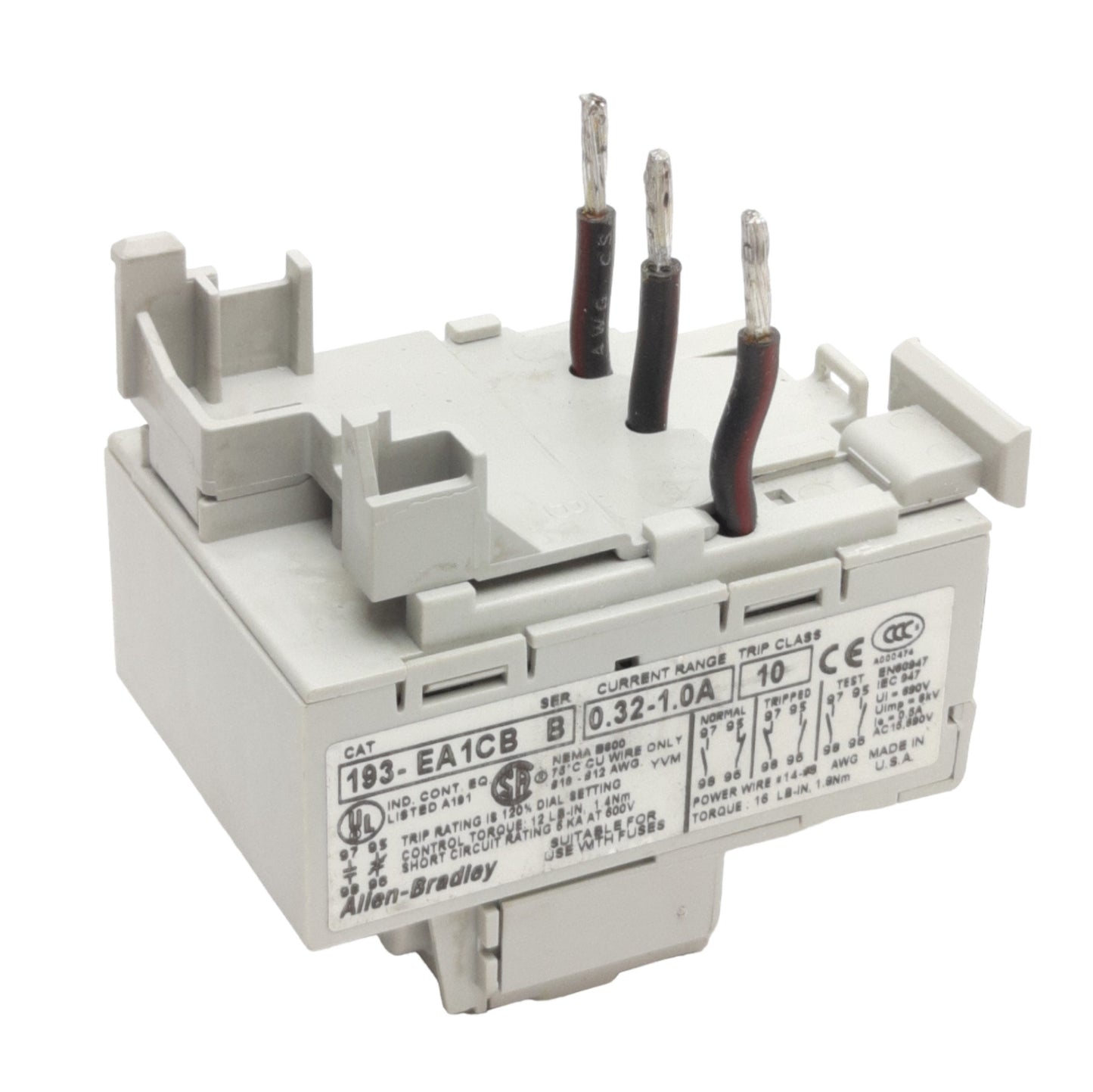 Used Allen Bradley 193-EA1CB Overload Relay, 3-Pole 0.32-1A Trip, NO/NC Contacts