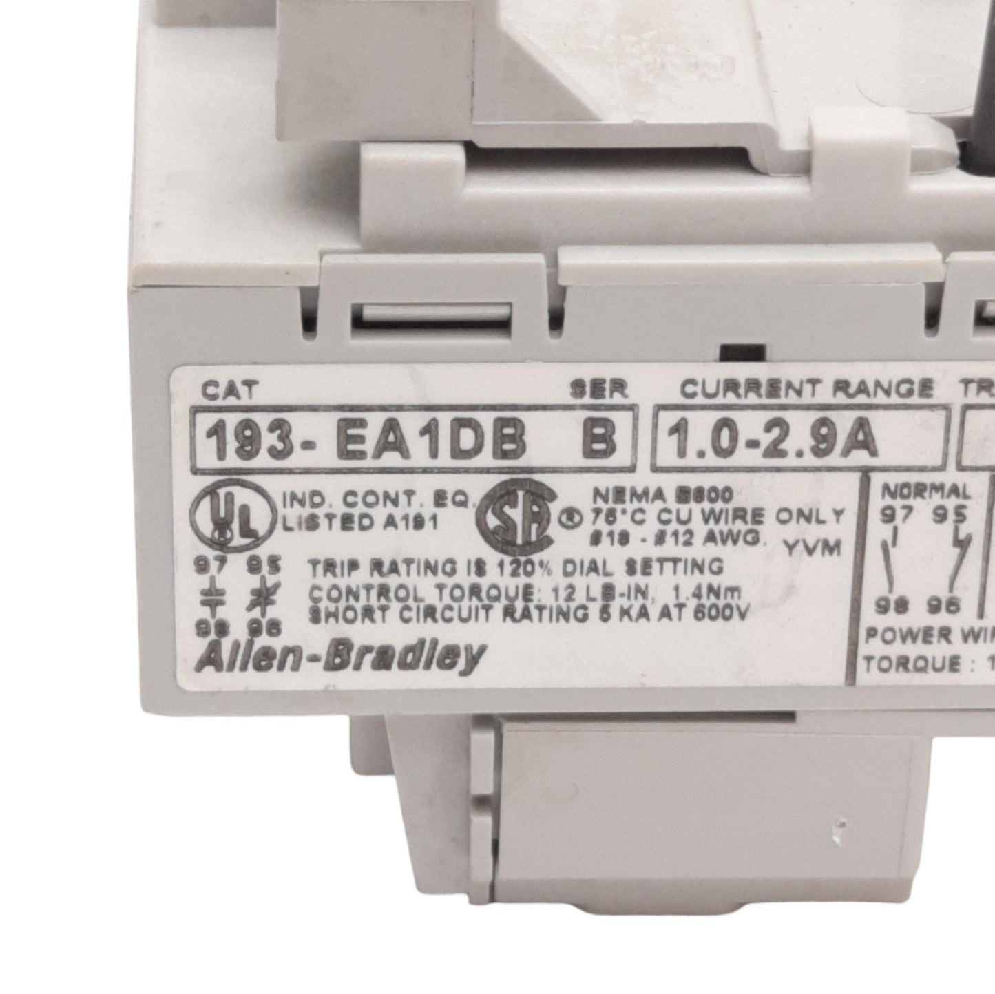 Used Allen Bradley 193-EA1DB Overload Relay, 3-Pole 1-2.9A Trip, NO/NC Contacts