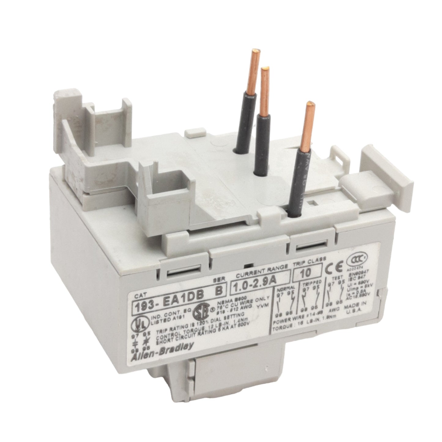 Used Allen Bradley 193-EA1DB Overload Relay, 3-Pole 1-2.9A Trip, NO/NC Contacts