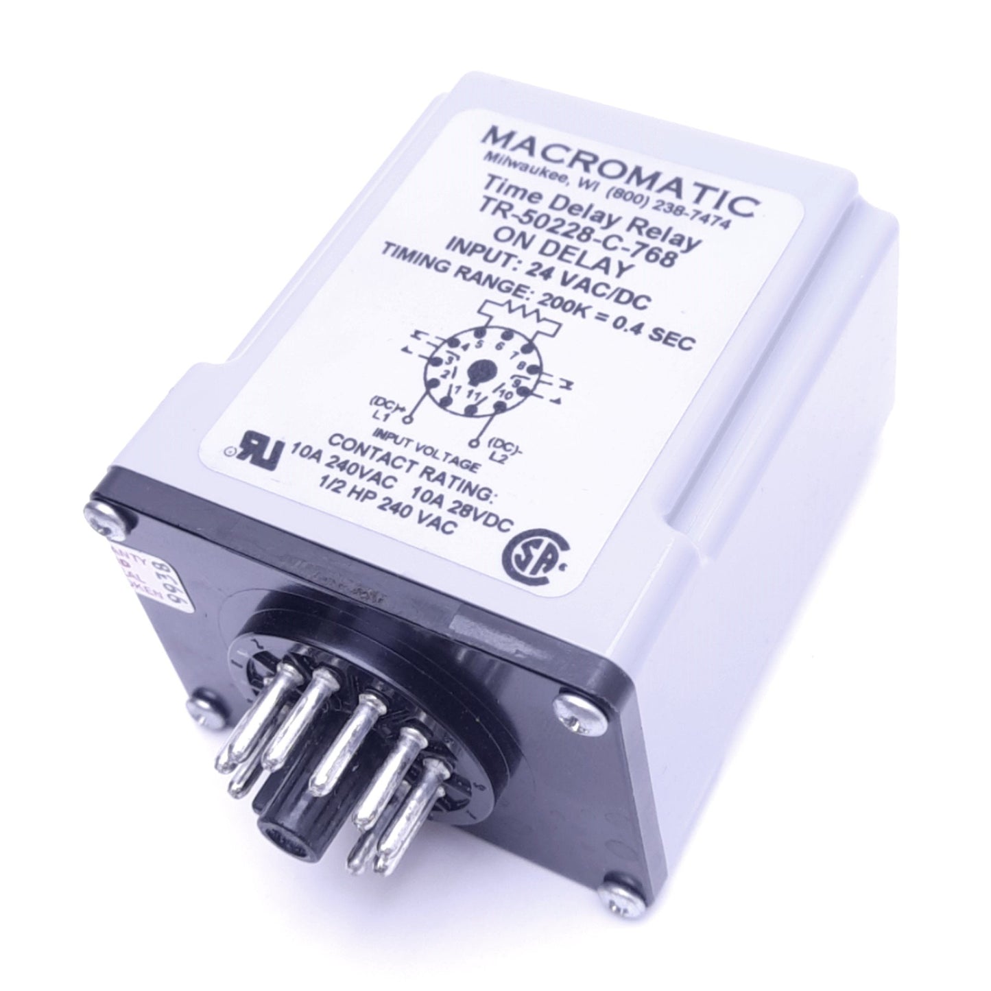 Used Macromatic TR-50228-C-768 Time Delay Relay, 200K=0.4s, On Delay, 24VAC/DC