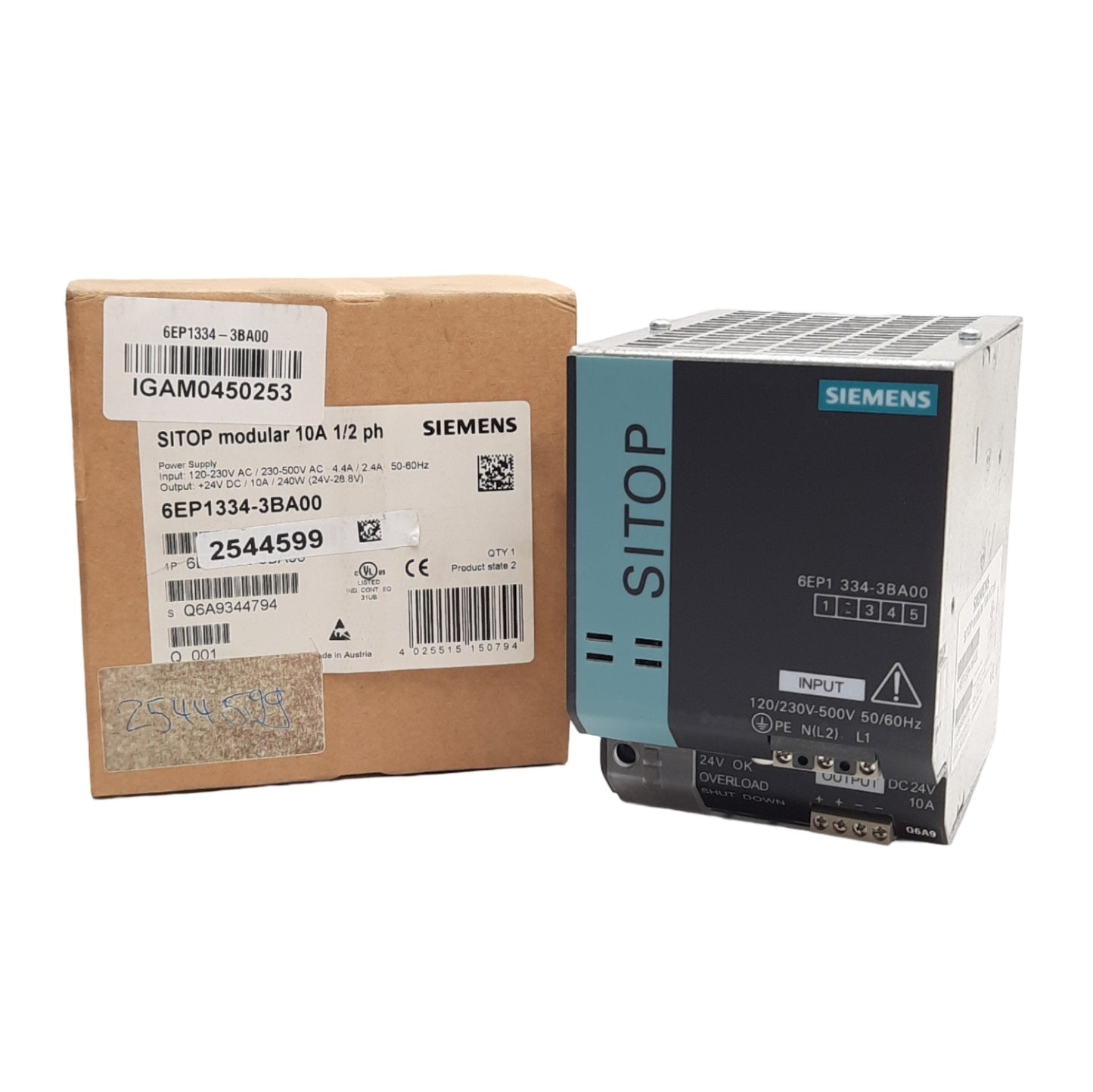 New Siemens 6EP1334-3BA00 SITOP Power Supply 120/230-500VAC Input, 24VDC Output 240W