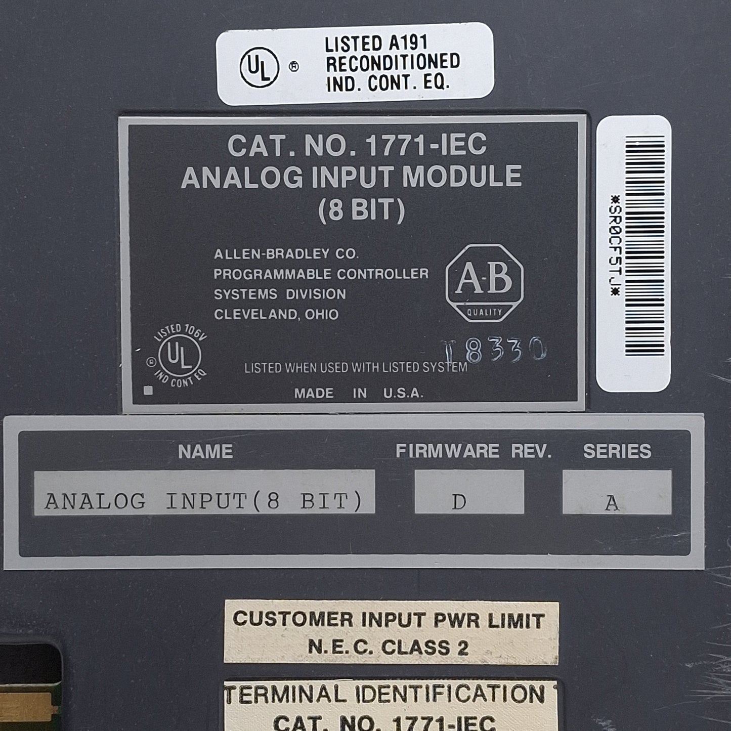 Used Allen Bradley 1771-IEC Series A Analog Input Module, 8-Bit, Firmware Rev D