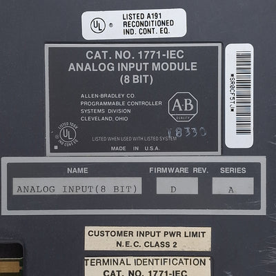 Used Allen Bradley 1771-IEC Series A Analog Input Module, 8-Bit, Firmware Rev D