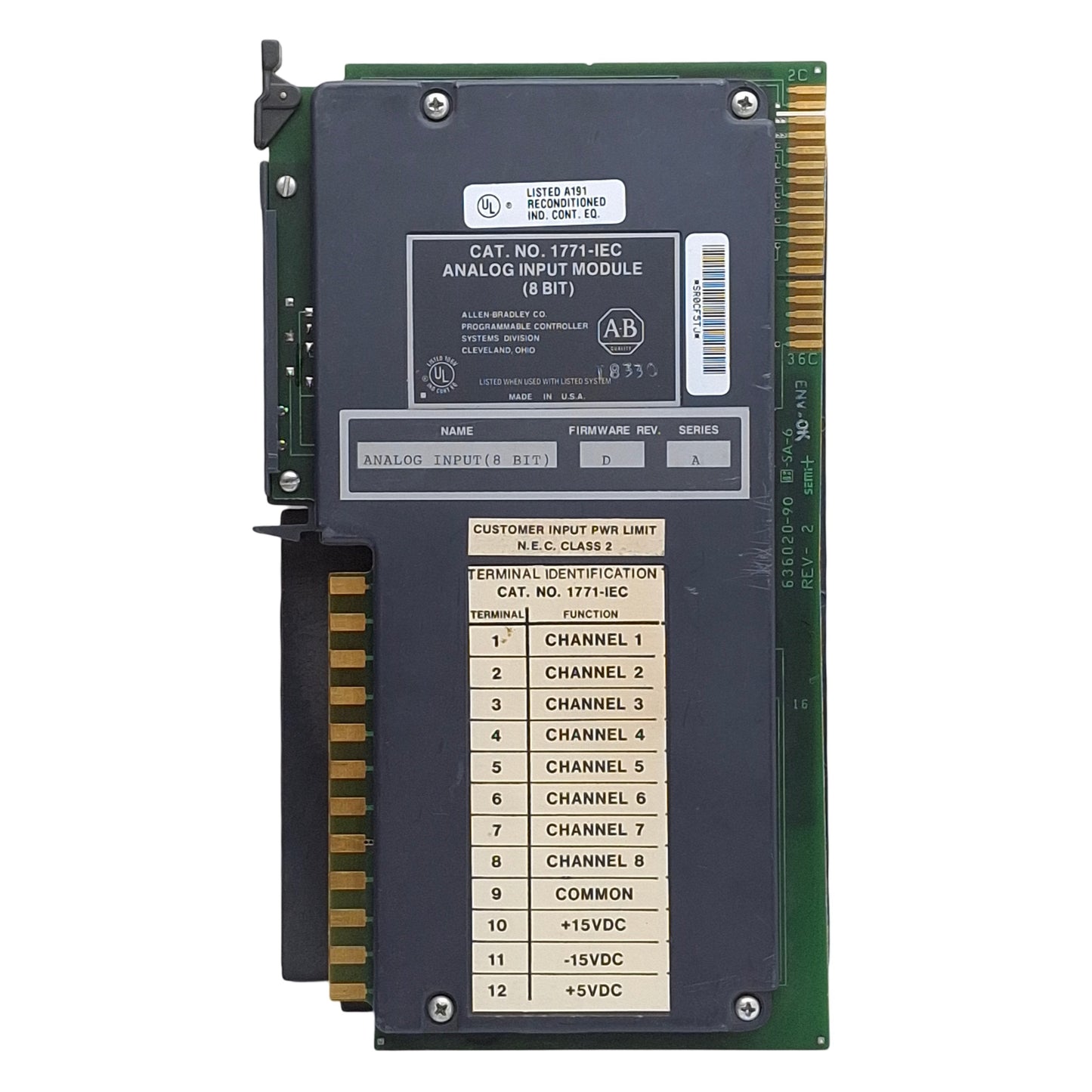 Used Allen Bradley 1771-IEC Series A Analog Input Module, 8-Bit, Firmware Rev D