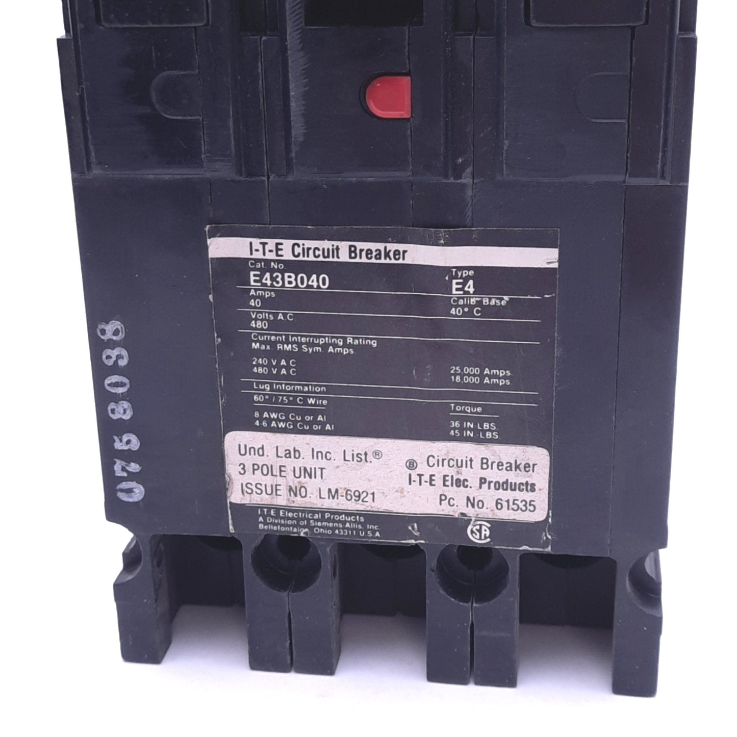 Used Siemens E43B040 ITE Circuit Breaker, 3-Pole, 40A, 240/480VAC, 3-Phase, Bolt-On