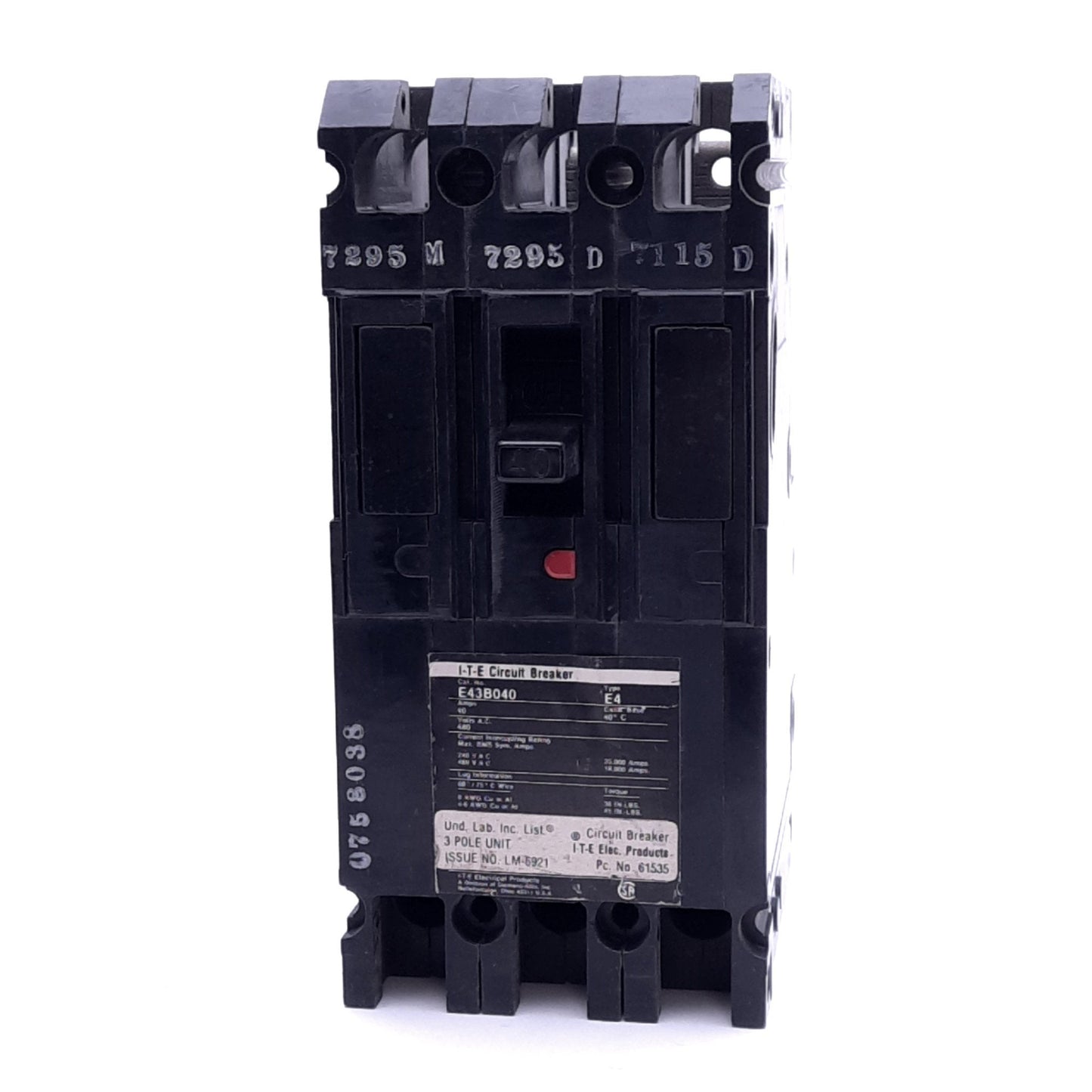Used Siemens E43B040 ITE Circuit Breaker, 3-Pole, 40A, 240/480VAC, 3-Phase, Bolt-On