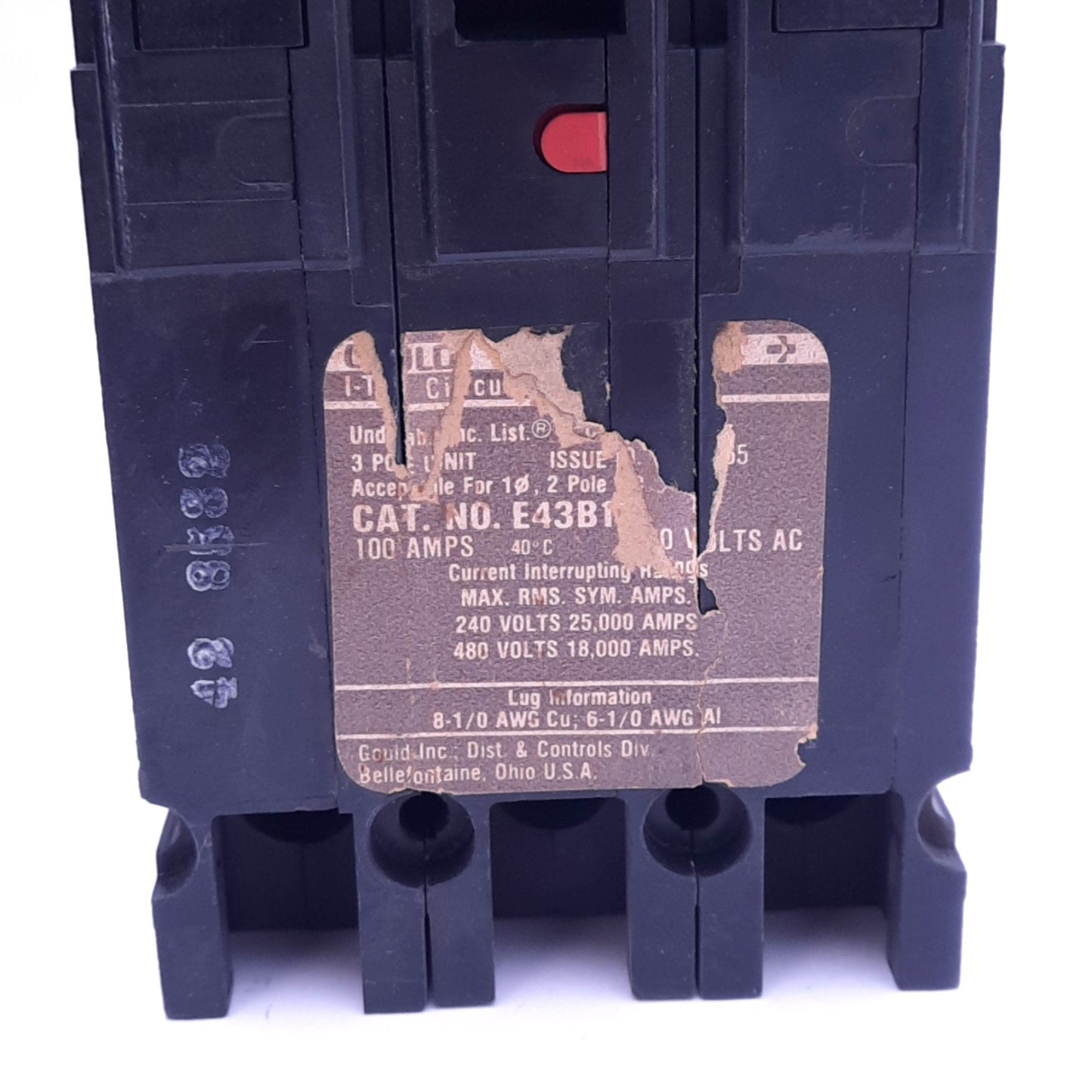 Used Siemens E43B100 ITE Circuit Breaker, 3-Pole, 100A, 240/480VAC, 3-Phase, Bolt-On