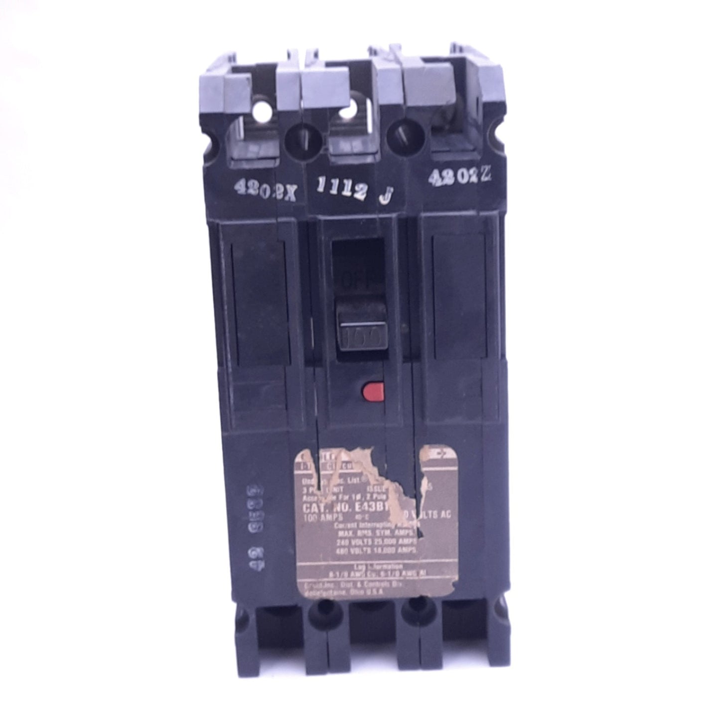 Used Siemens E43B100 ITE Circuit Breaker, 3-Pole, 100A, 240/480VAC, 3-Phase, Bolt-On