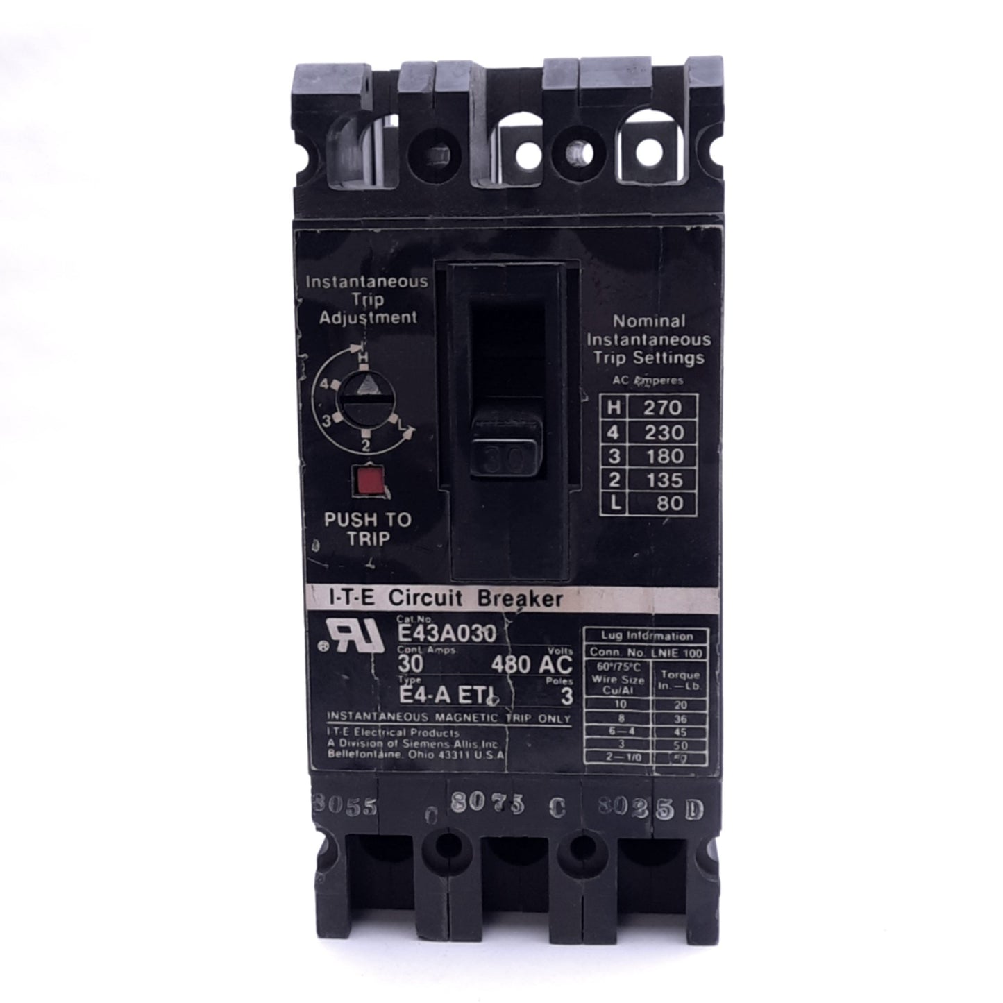 Used Siemens E43A030 ITE Circuit Breaker, 3-Pole, 30A, 480VAC, 3-Phase, Bolt-On