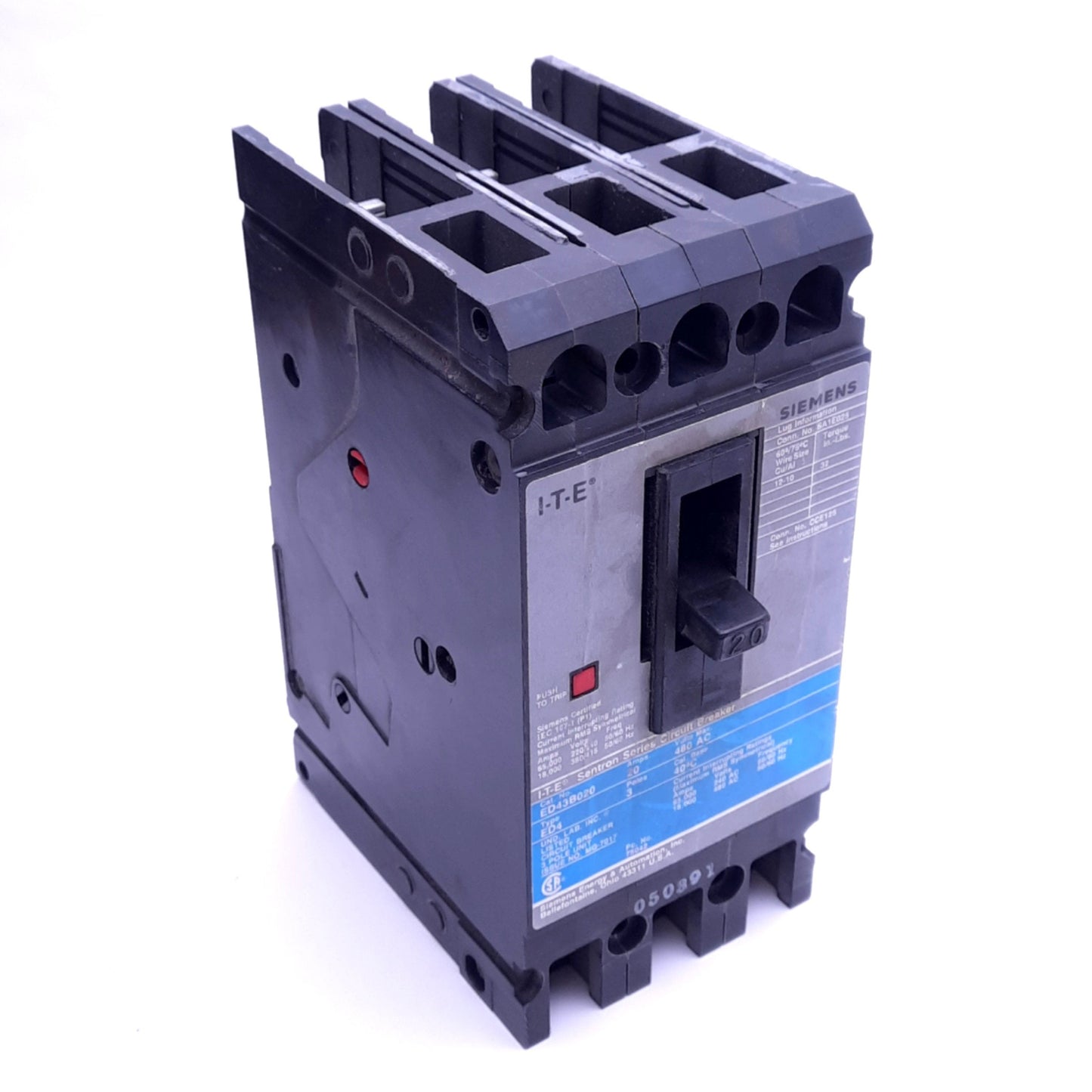 Used Siemens ED43B020 ITE Circuit Breaker, 3-Pole, 20A, 240/480VAC 3-Phase, Bolt-On
