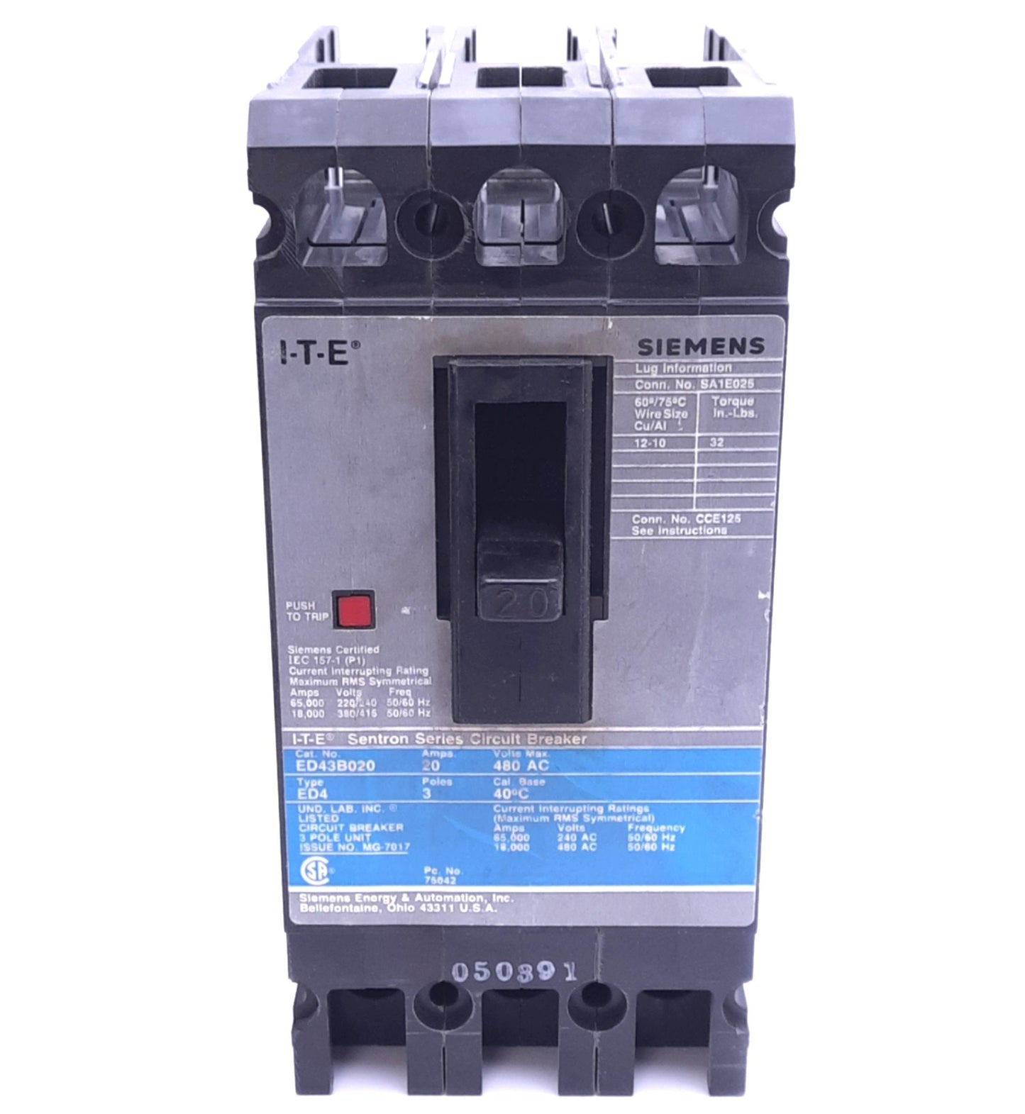 Used Siemens ED43B020 ITE Circuit Breaker, 3-Pole, 20A, 240/480VAC 3-Phase, Bolt-On