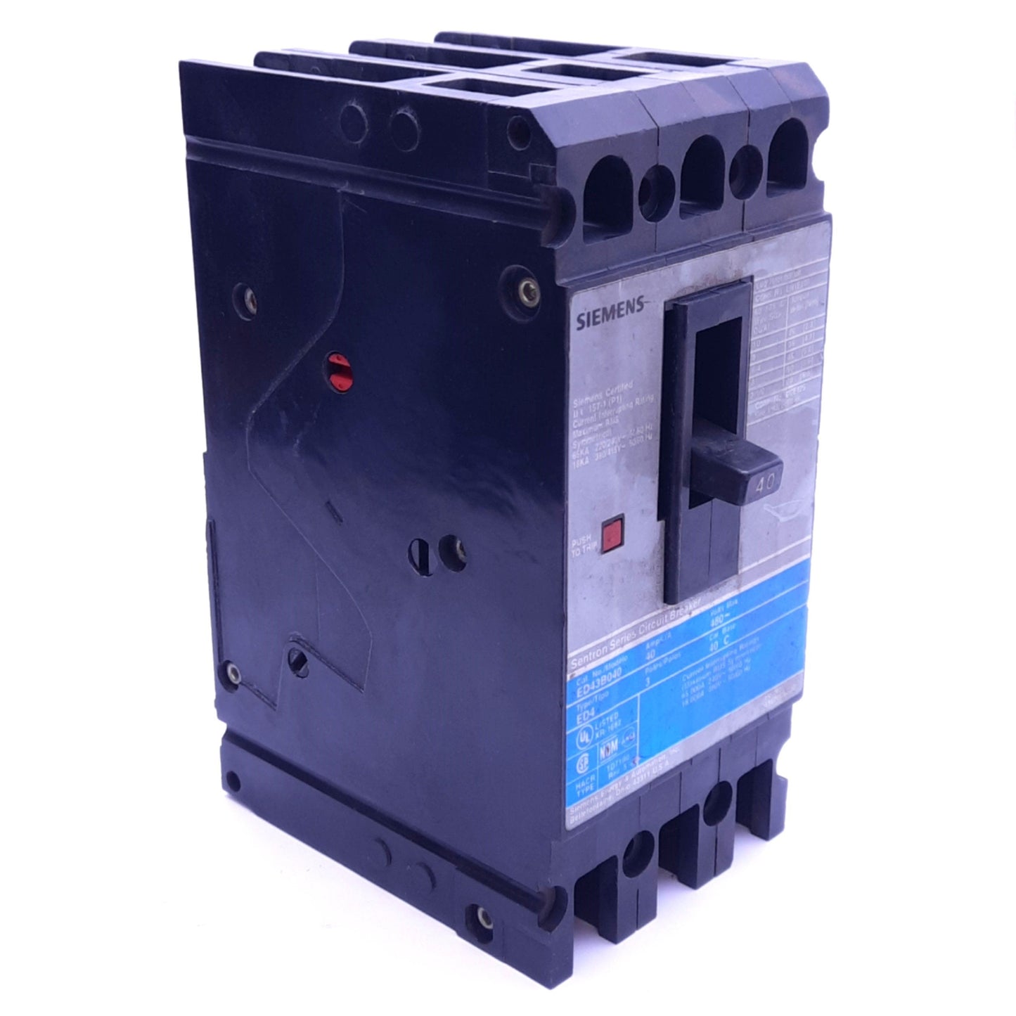 Used Siemens ED43B040 ITE Circuit Breaker, 3-Pole, 40A, 240/480VAC 3-Phase, Bolt-On