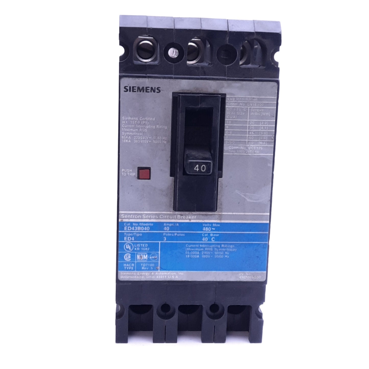 Used Siemens ED43B040 ITE Circuit Breaker, 3-Pole, 40A, 240/480VAC 3-Phase, Bolt-On