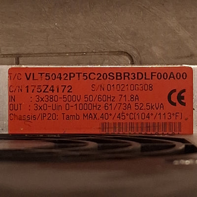 Used Danfoss VLT5042PT5C20SBR3DLF00A00 VLT 5000 VFD, 3Ø 0-500VAC 52.5kVA 0-1000Hz