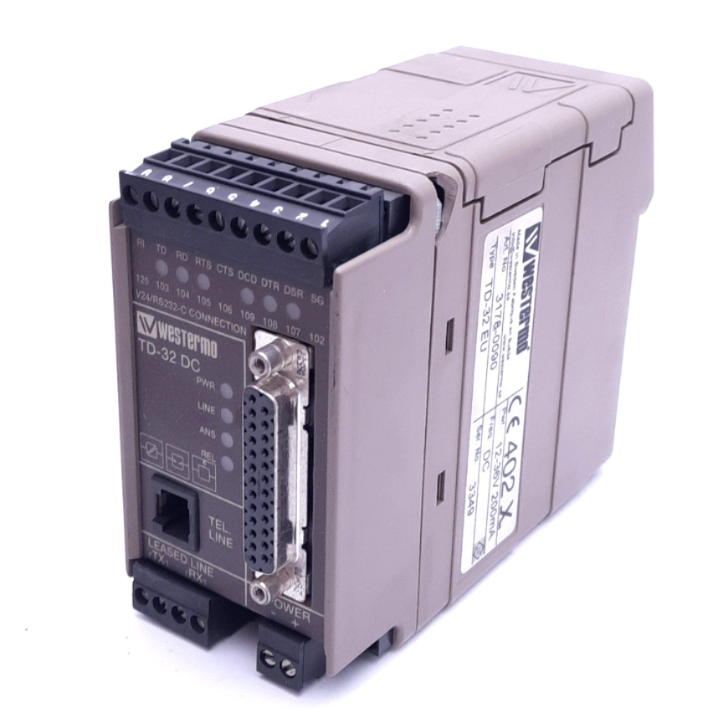 Used Westermo TD-32 DC EU 3178-0090 PSTN Leased Line Modem, RS-232-C, DB25F, 12-36VDC