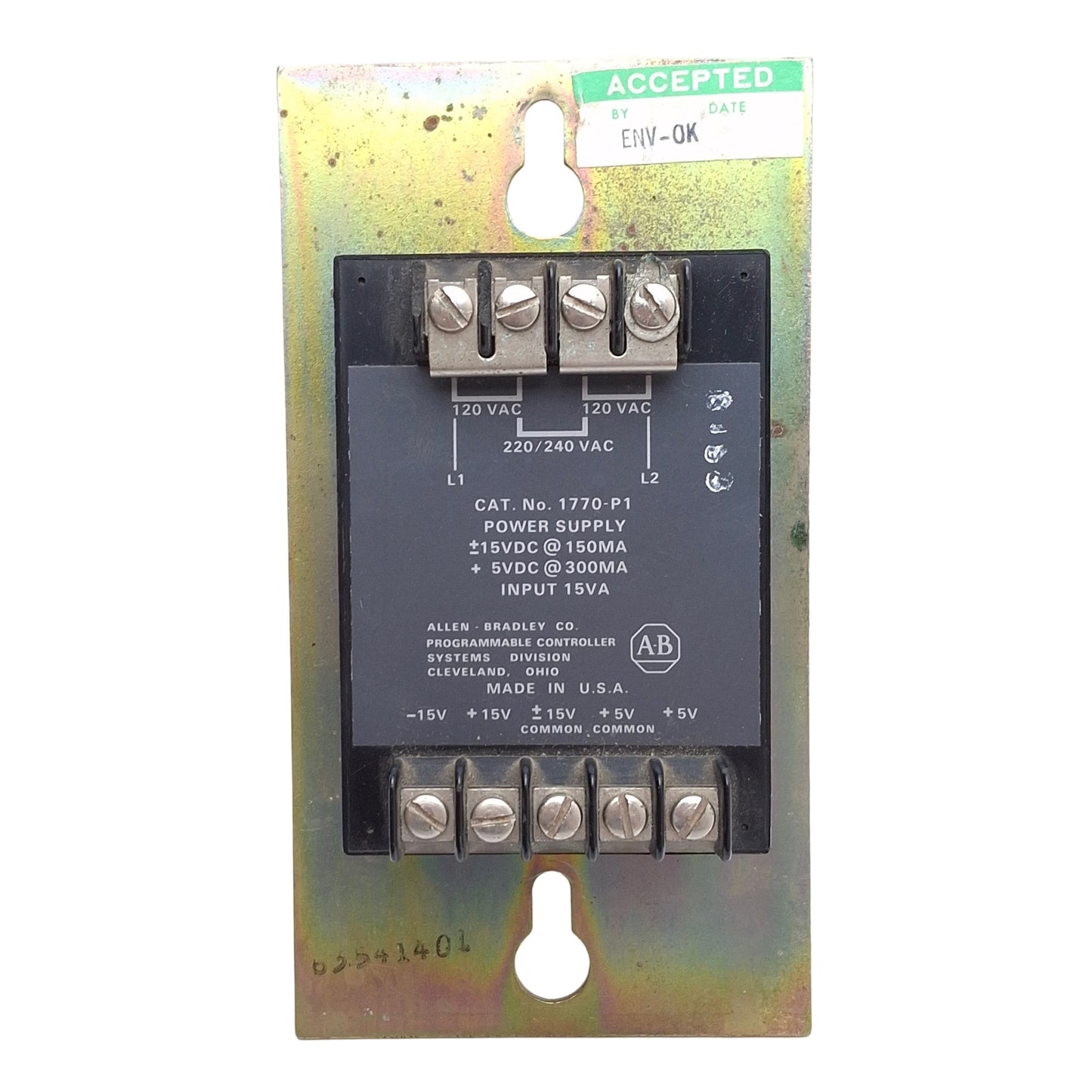 Used Allen Bradley 1770-P1 Power Supply, 120/220/240VAC Input, ±15VDC or +5VDC Output