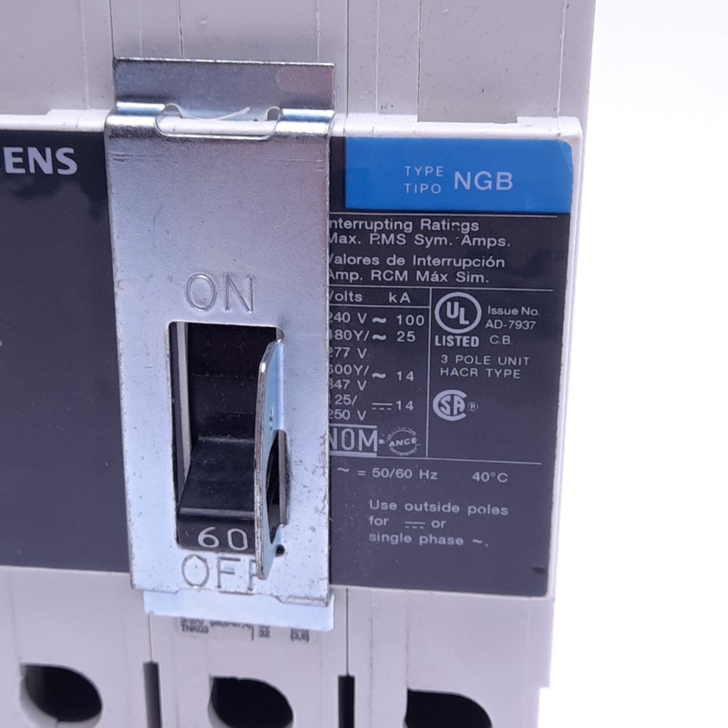 Used Siemens NGB3B060 Circuit Breaker, 3-Pole, 60A, 600Y/347VAC, Thermal Magnetic
