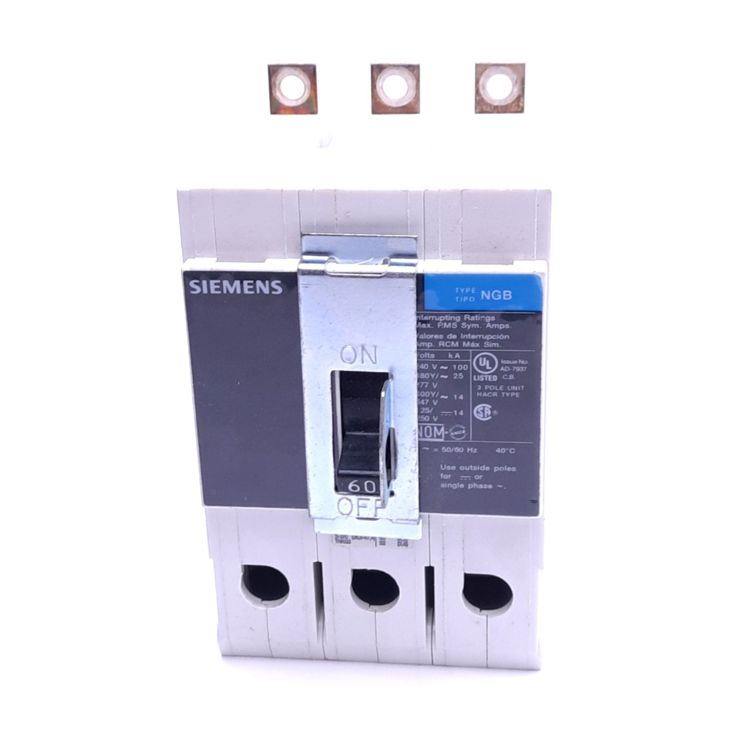 Used Siemens NGB3B060 Circuit Breaker, 3-Pole, 60A, 600Y/347VAC, Thermal Magnetic