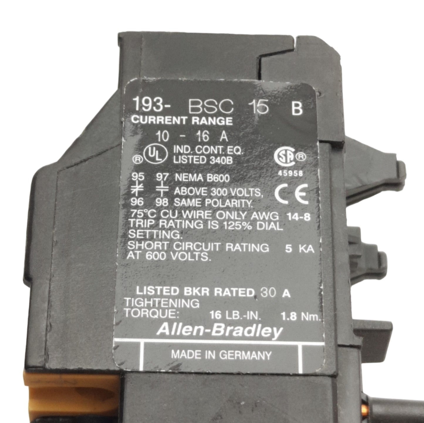 Used Allen Bradley 193-BDC15 Overload Relay, 10-16A Trip, 1NO & 1NC, 600V Max