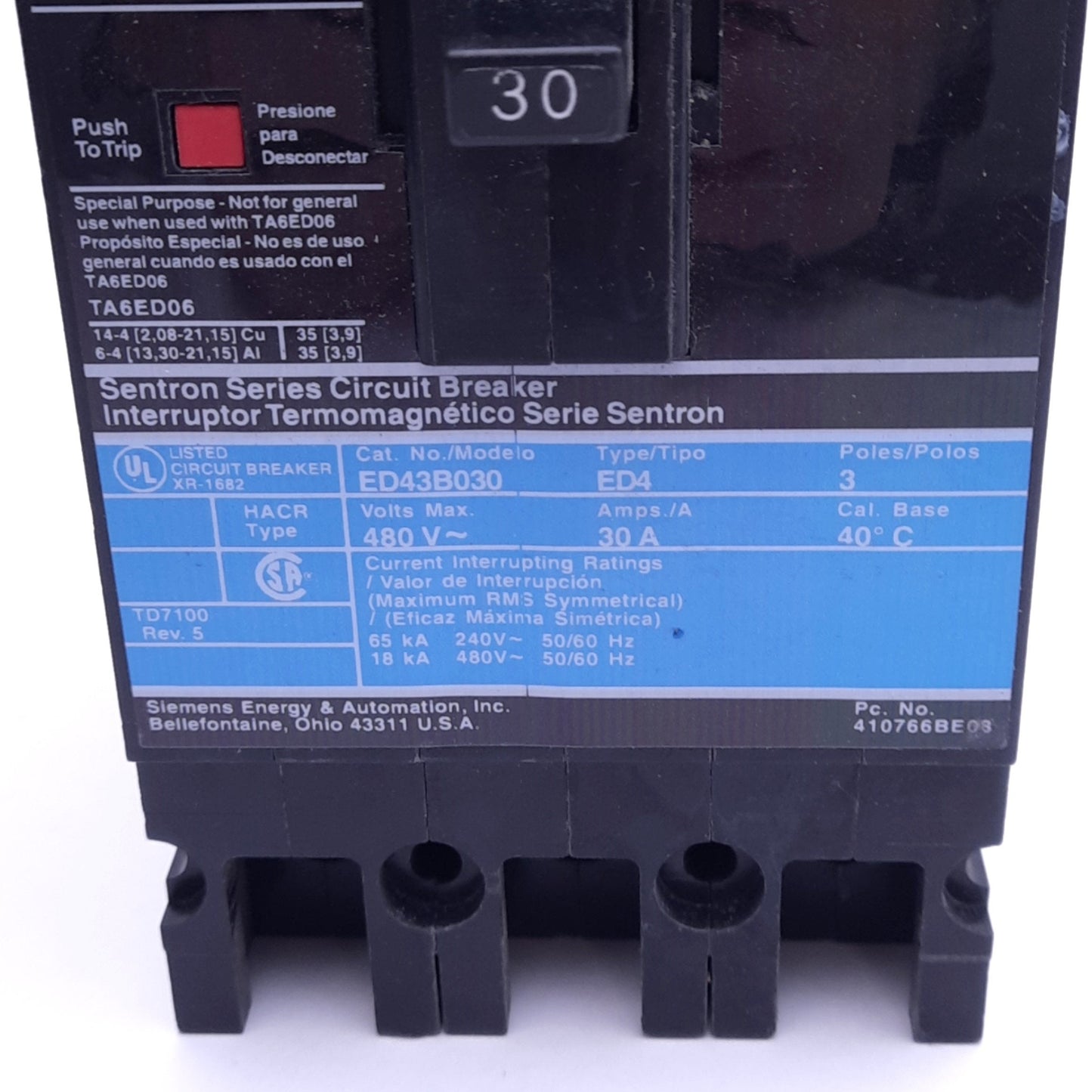 Used Siemens ED43B030 ITE Circuit Breaker, 3-Pole, 30A, 240/480VAC 3-Phase, Bolt-On