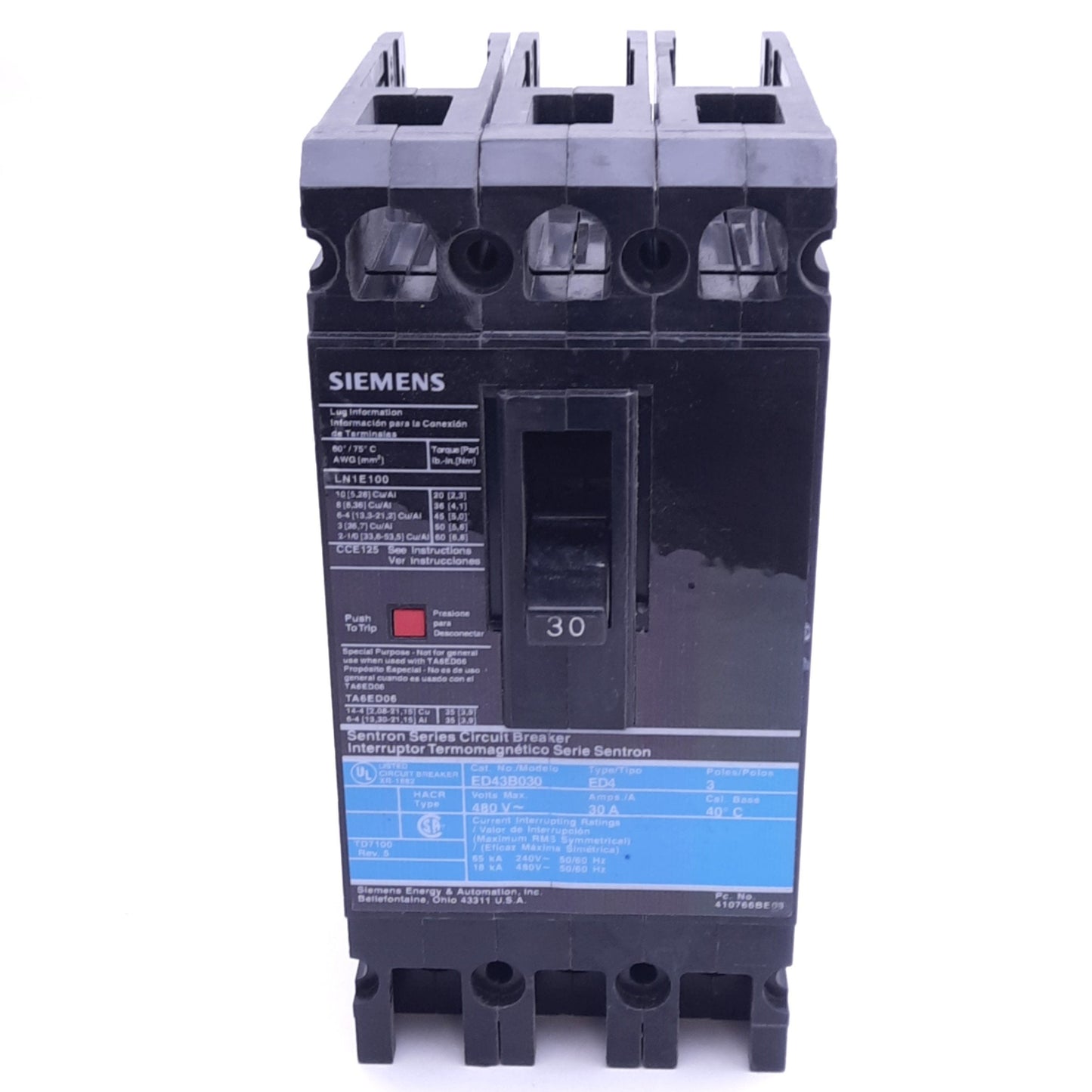 Used Siemens ED43B030 ITE Circuit Breaker, 3-Pole, 30A, 240/480VAC 3-Phase, Bolt-On