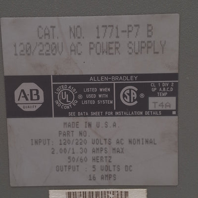 Used Allen Bradley 1771-P7 B PLC AC Power Supply, 120/220VAC Input, 5VDC Output