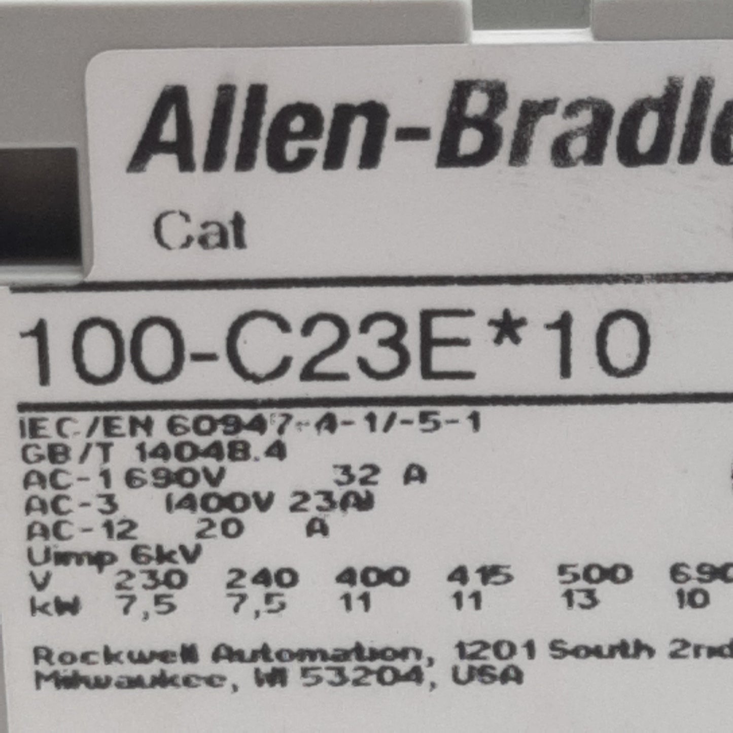 Used Allen Bradley 100-C23EJ10 Contactor 3-Pole + 1N.O., 23A 600VAC, 24VDC Coil
