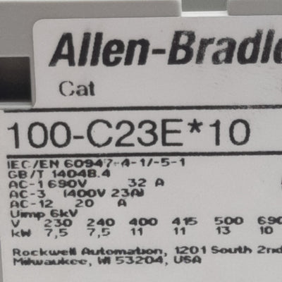 Used Allen Bradley 100-C23EJ10 Contactor 3-Pole + 1N.O., 23A 600VAC, 24VDC Coil