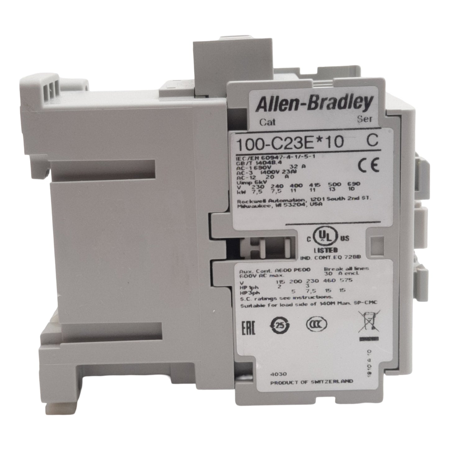 Used Allen Bradley 100-C23EJ10 Contactor 3-Pole + 1N.O., 23A 600VAC, 24VDC Coil