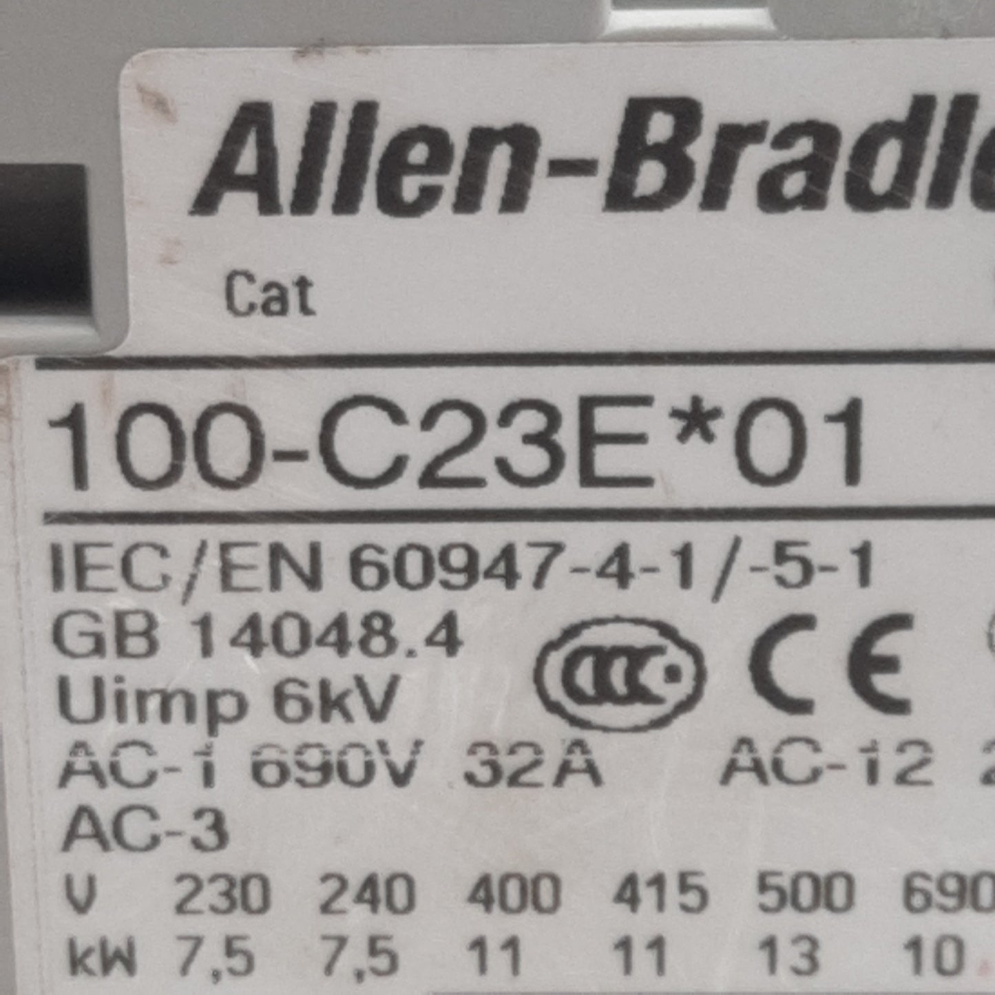 Used Allen Bradley 100-C23EJ01 Contactor, 3-Pole + 1N.C., 23A 600VAC, 24VDC Coil