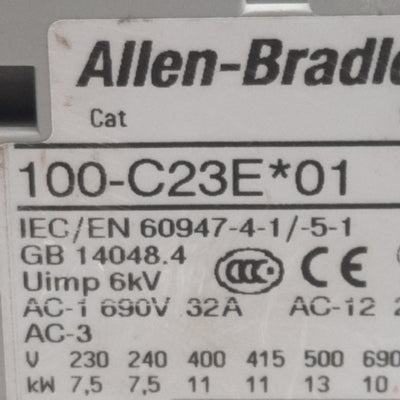 Used Allen Bradley 100-C23EJ01 Contactor, 3-Pole + 1N.C., 23A 600VAC, 24VDC Coil