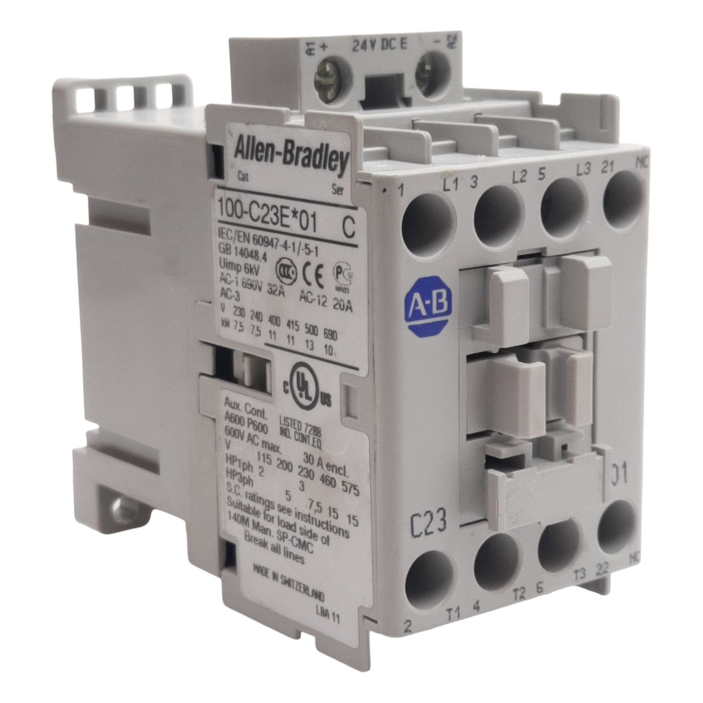 Used Allen Bradley 100-C23EJ01 Contactor, 3-Pole + 1N.C., 23A 600VAC, 24VDC Coil