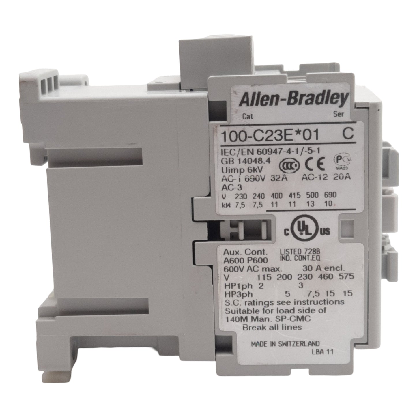 Used Allen Bradley 100-C23EJ01 Contactor, 3-Pole + 1N.C., 23A 600VAC, 24VDC Coil