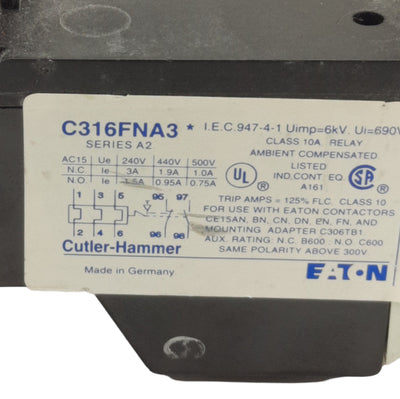Used Eaton C316FNA3J Overload Relay 2.20 to 3.10A Trip, 1NO + 1NC, 600VAC