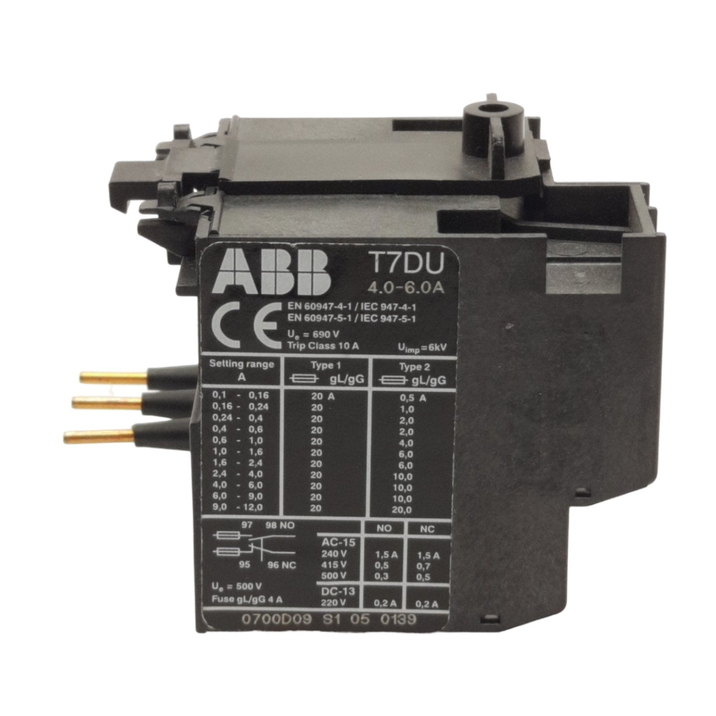 Used ABB T7DU Thermal Overload Relay 4.0 to 6.0A Trip, 1NO + 1NC, 600VAC