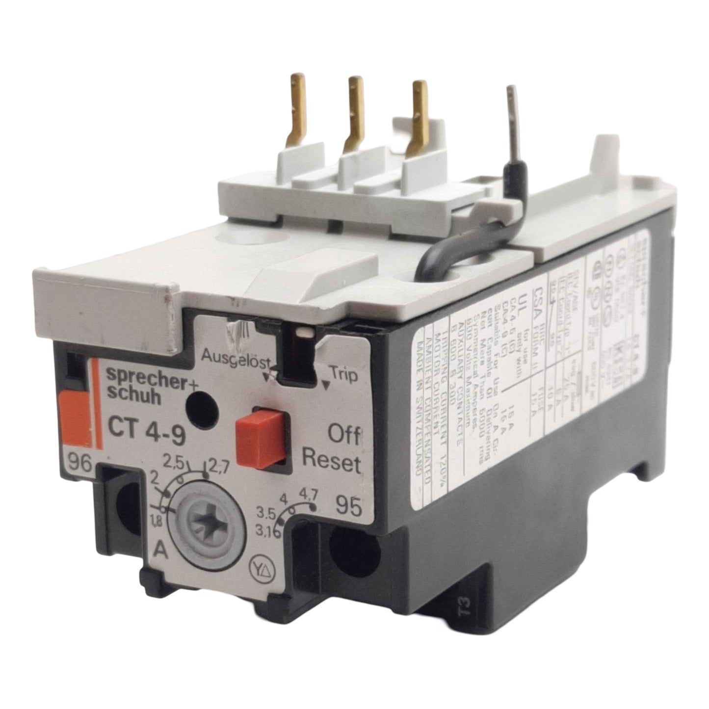 Used Sprecher Schuh CT4-9 Thermal Overload Relay, 3-Pole + 1NC, 1.8-2.7A Trip, 500VAC