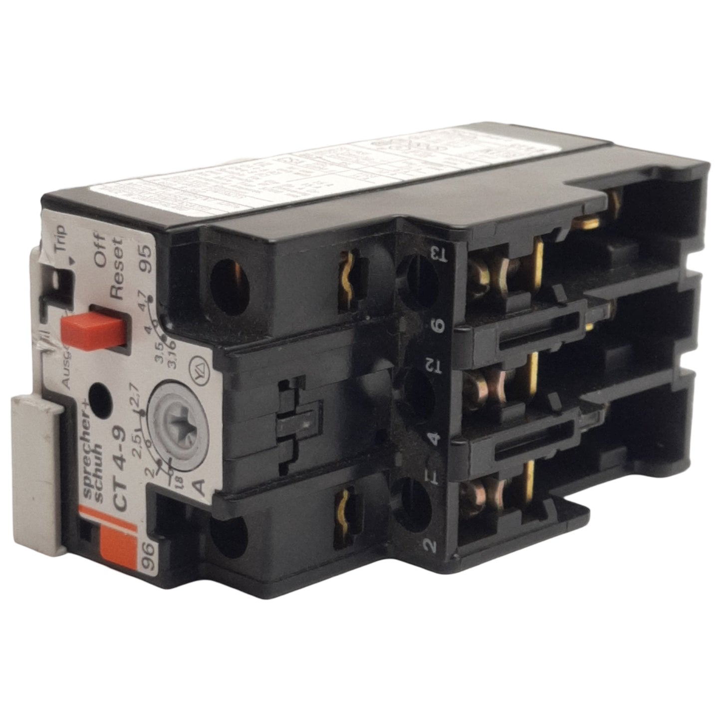 Used Sprecher Schuh CT4-9 Thermal Overload Relay, 3-Pole + 1NC, 1.8-2.7A Trip, 500VAC