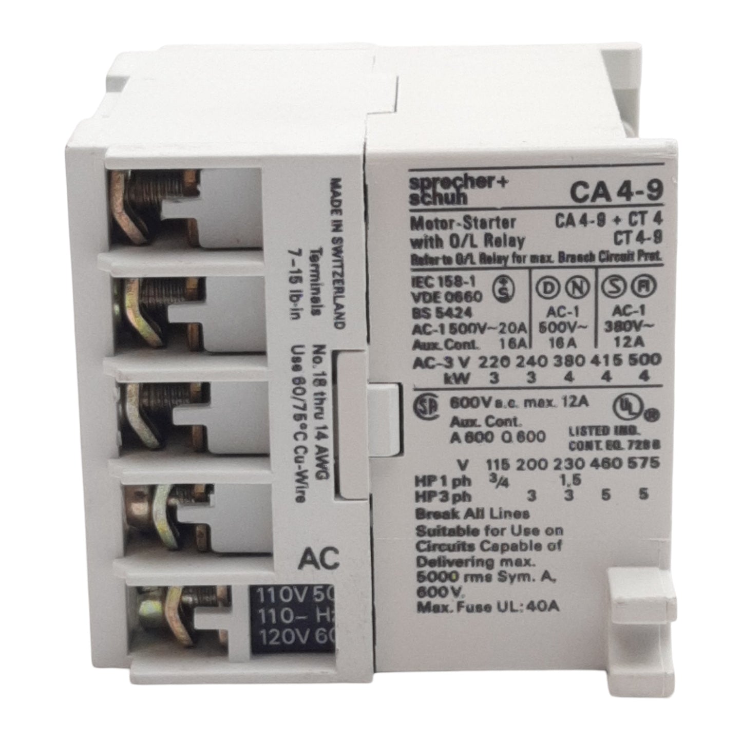 Used Sprecher Schuh CA4-9-10 Contactor, 3-Pole + 1N.O., 12A 600VAC, 110-120VAC Coil