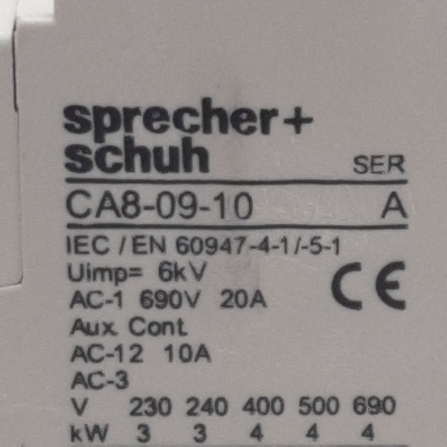 Used Sprecher Schuh CA8-09-10 Contactor, 3-Pole 1N.O., 15A 600VAC, 440-480VAC Coil