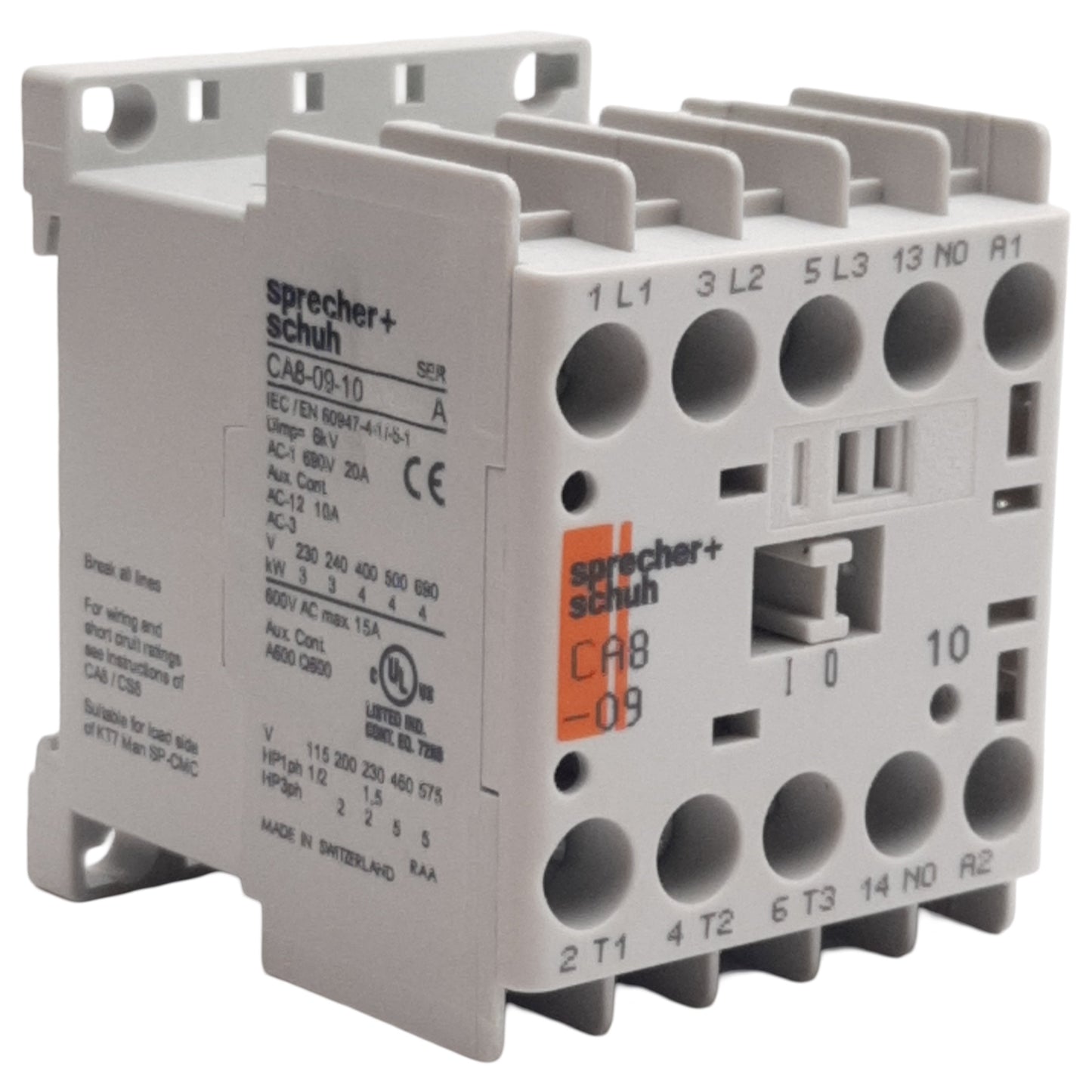 Used Sprecher Schuh CA8-09-10 Contactor, 3-Pole 1N.O., 15A 600VAC, 440-480VAC Coil