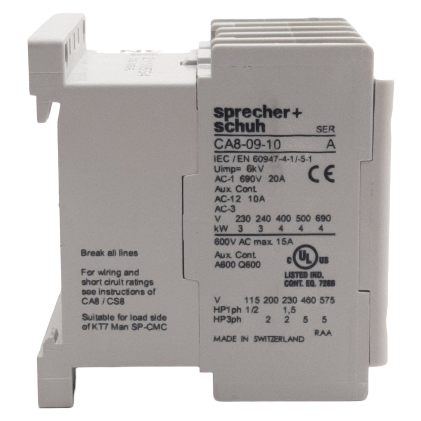 Used Sprecher Schuh CA8-09-10 Contactor, 3-Pole 1N.O., 15A 600VAC, 440-480VAC Coil