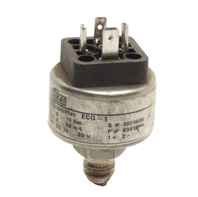Used Wika ECO-1 Pressure Transmitter 0-10bar Range, 4-20mA Output, 10-30VDC, 1/4"NPT