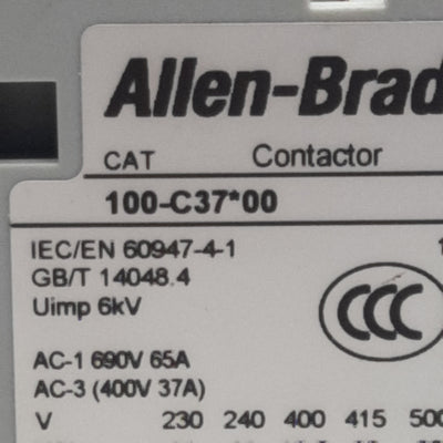 Used Allen Bradley 100-C37D00 Contactor, 3-Pole, 37A 600VAC, 110-120VAC Coil