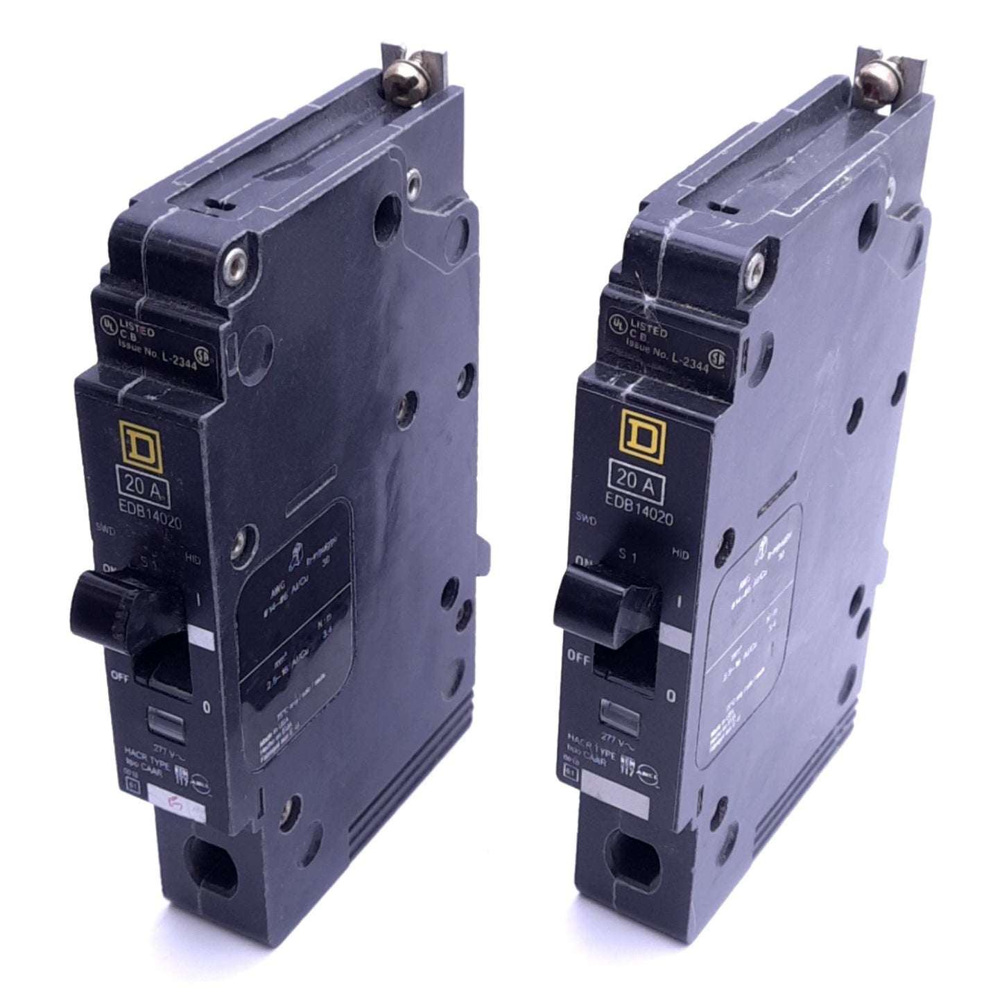 Used Lot of 2 Schneider EDB14020 Circuit Breakers, 1-Pole, 20A, 277VAC, Bolt-On